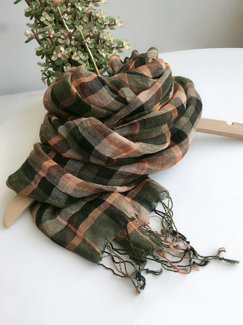 Women Summer Plaid Linen Tassel Shawl Scarf