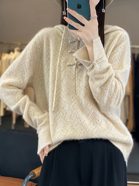 Women Autumn Soft Hollow Out Knit 100%Wool Hooded Sweater