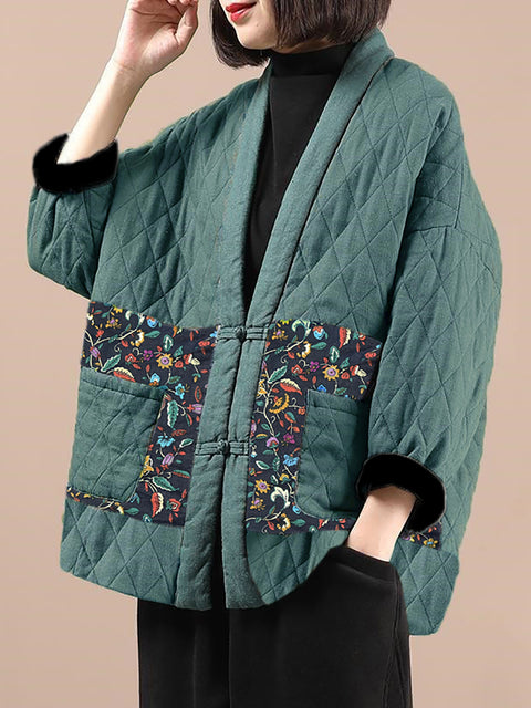 Cappotto con scollo a V e tasca con impunture etniche da donna taglie forti