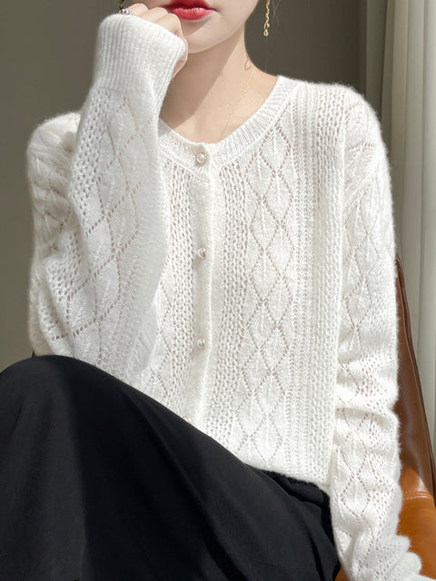 Women Autumn Wool O-Neck Cardigan Knit Sweater