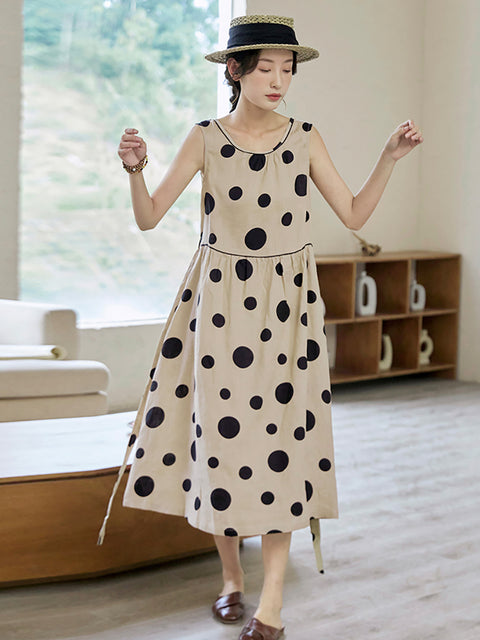 Plus Size Women Summer Casual Dot Drawstring Linen Vest Dress