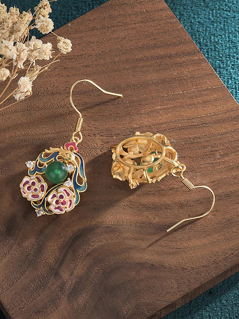 Women Chinese Style Enamel Flower Jade Sliver Earrings