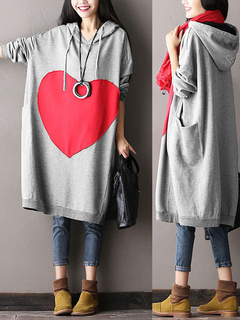 Plus Size Women Casual Red Heart Spliced Hooded Dress