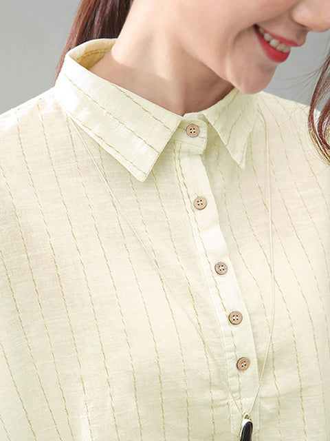 Plus Size Women Literature Long Sleeves Linen Stripe Shirt