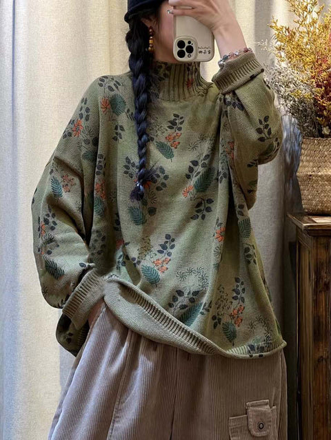 Maglione dolcevita lavorato a maglia a fiori vintage da donna