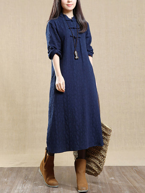 Plus Size Women Autumn Vintage Stand Collar 100%Cotton Dress