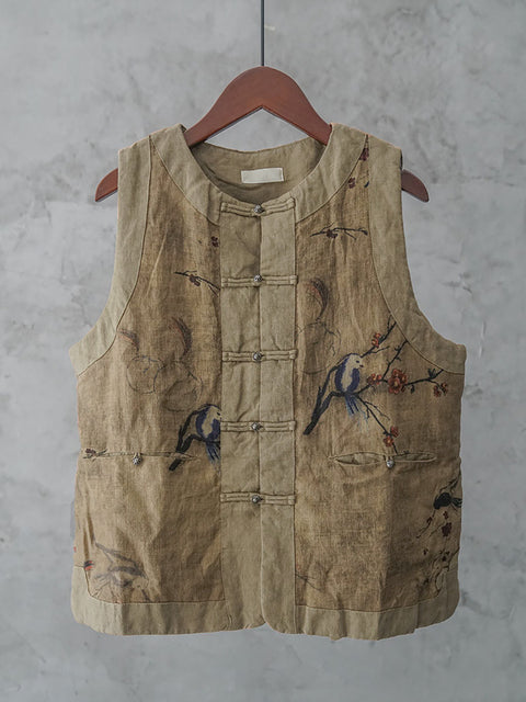 Women Autumn Ethnic Flower Colorblock O-Neck Linen Vest