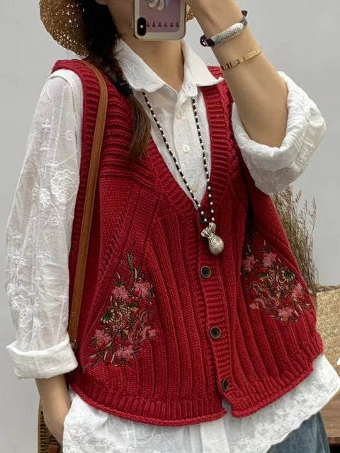 Gilet lavorato a maglia con scollo a V con ricamo floreale vintage da donna