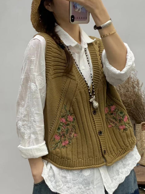 Gilet lavorato a maglia con scollo a V con ricamo floreale vintage da donna