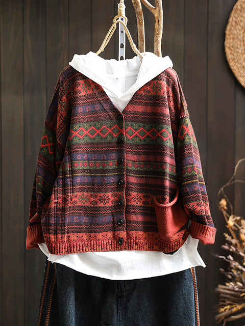 Women Autumn Geometric Knitted V-neck Sweater