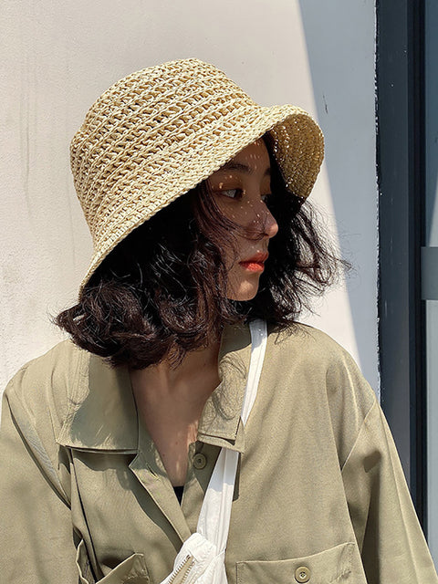 Cappello da viaggio estivo da donna in paglia intrecciata, resistente al sole