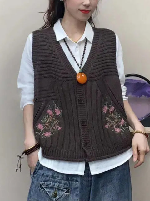 Women Vintage Floral Embroidery V-neck Knitted Vest