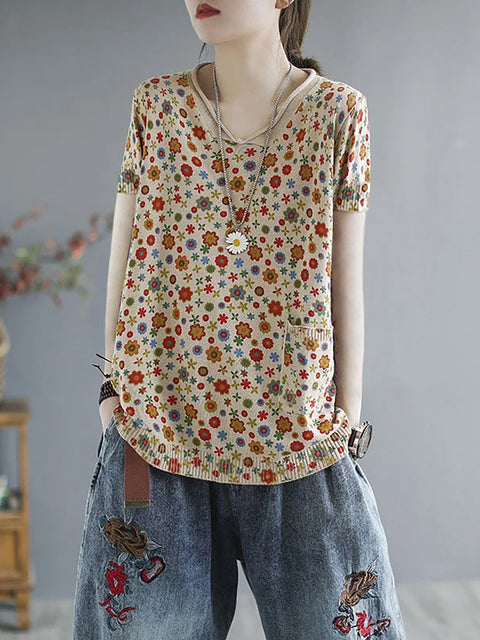 Camicia estiva casual da donna in maglia con fiori taglie forti