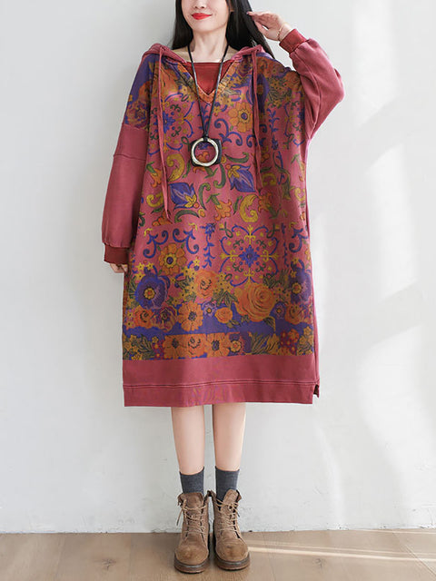 Women Artsy Flower Spring Hooded Cotton Dress