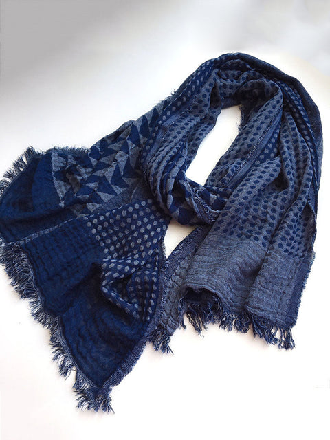 Women Retro Geometric Batik Blue Tassel Shawl Scarf