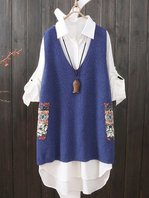 Women Ethnic V-Neck Loose Knitted Vest