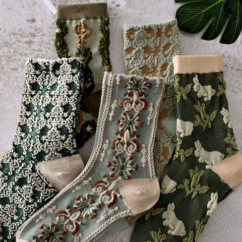 5 paia di calzini da donna primaverili vintage con motivo jacquard