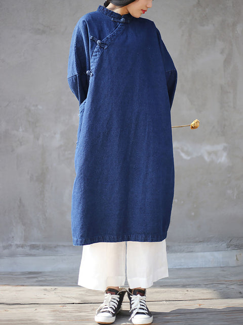 Women Spring Vintage Frog Denim Loose Dress