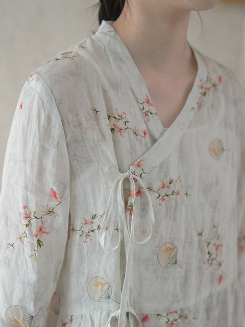 Camicia ampia da donna con coulisse a fiori in stile cinese