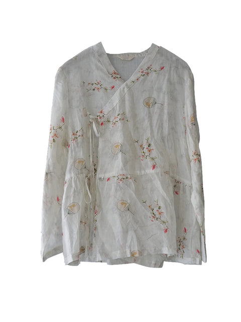 Women Chinese Style Flower Drawstring Loose Shirt