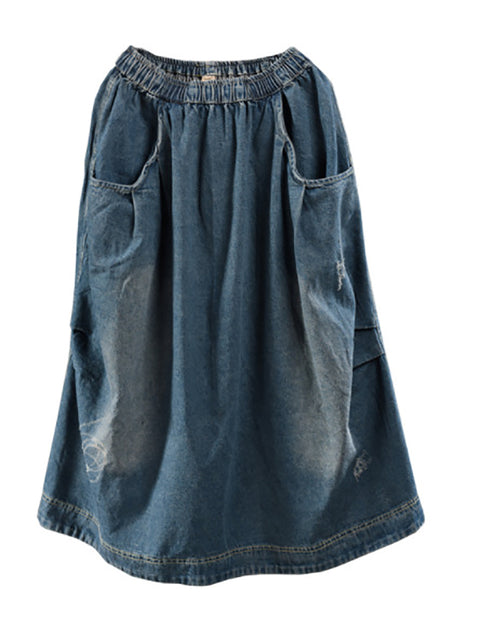 Women Retro Fade Pocket Elastic Waist Denim Skirt