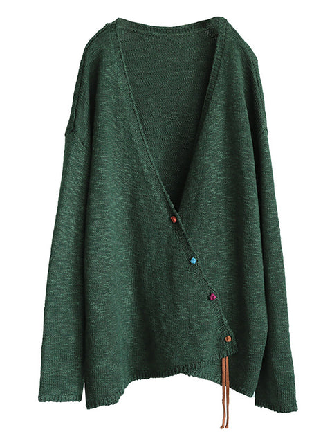 Taglie forti - Cappotto maglione con scollo a V in puro colore retrò lavorato a maglia da donna