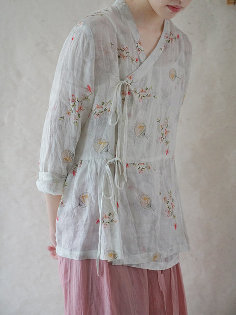 Camicia ampia da donna con coulisse a fiori in stile cinese