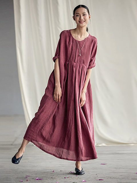 Plus Size Chinese Style Elegant Pleated Loose Linen Dress