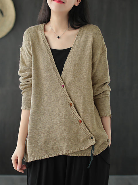 Plus Size - Women Knitted Retro Pure Color V-neck Sweater Coat