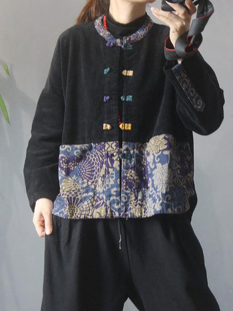 Taglie forti - Cappotto da donna in velluto a coste patchwork di fiori