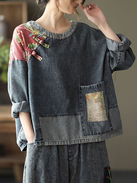 Felpa in denim floreale con stampa patchwork retrò da donna taglie forti