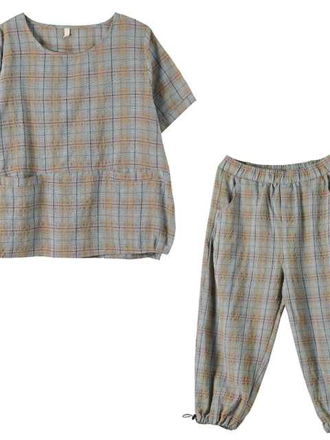 Plus Size Linen Plaid Drawstring Two Pieces Sets