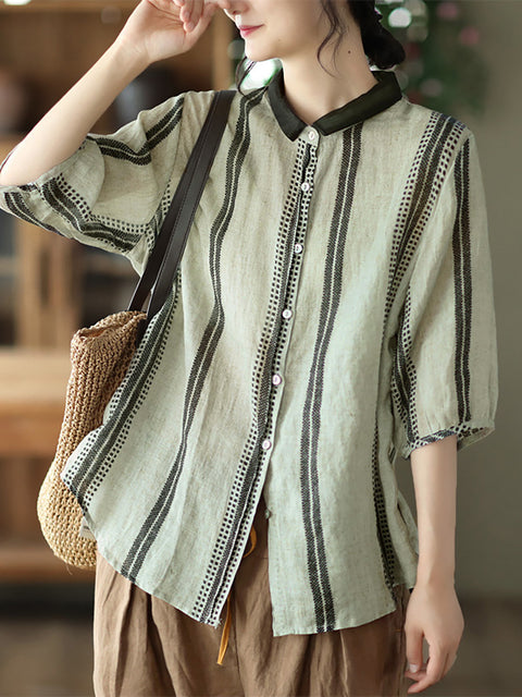 Camicia da donna estiva casual in ramie a righe vintage taglie forti