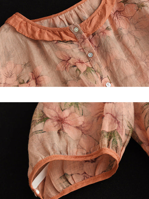 Camicia da donna estiva vintage in ramie floreale taglie forti