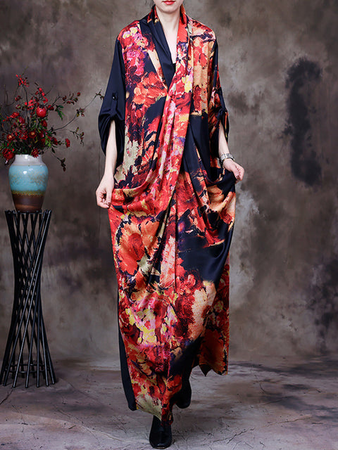 Plus Size -Drape Floral Vintage Women Retro Maxi Dress