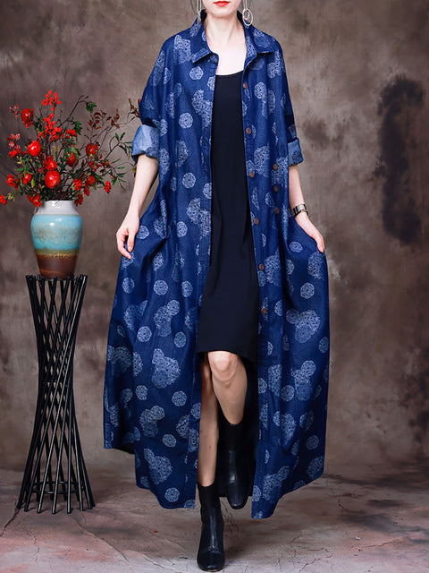 Women Streetwear Stamping Denim Long Coat