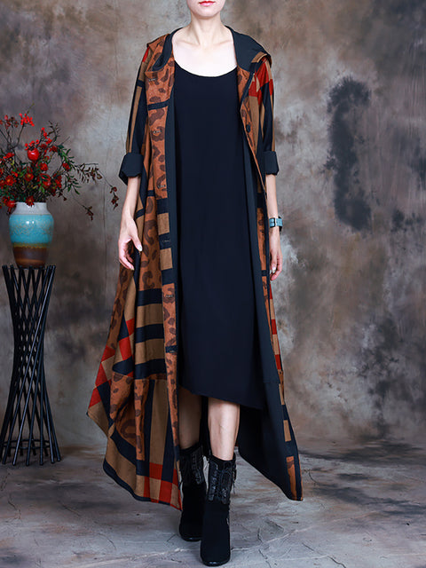 Women Hooded Irregolare Print Coat