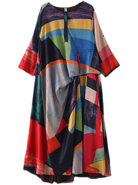 Plus Size Women Ethnic Print Irregular Long Dress