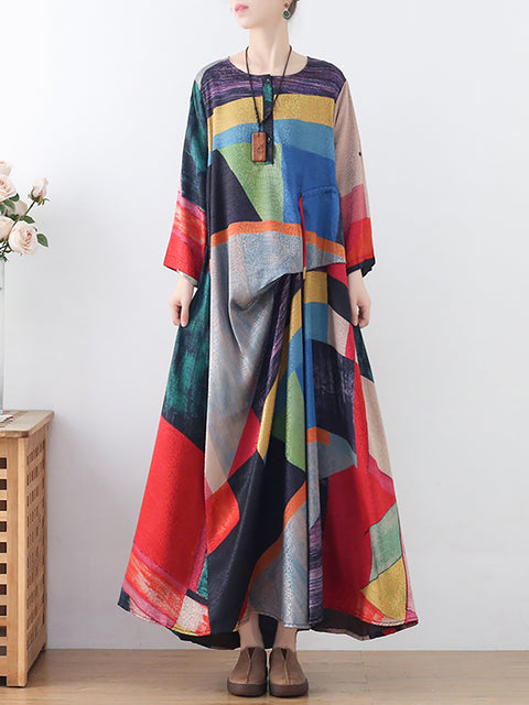 Plus Size Women Ethnic Print Irregular Long Dress