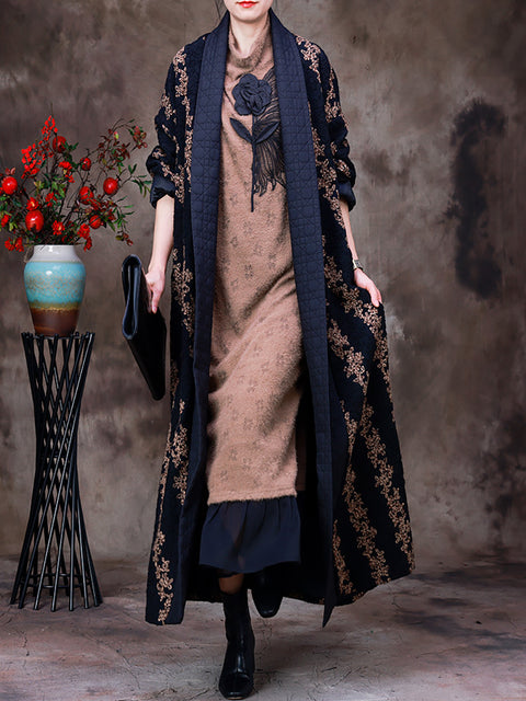 Women Winter Jacquard Long Over Knee Trench Coat