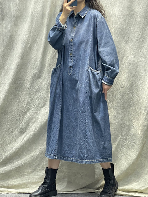 Abito in denim allentato con bottoni tascabili retrò primavera da donna taglie forti