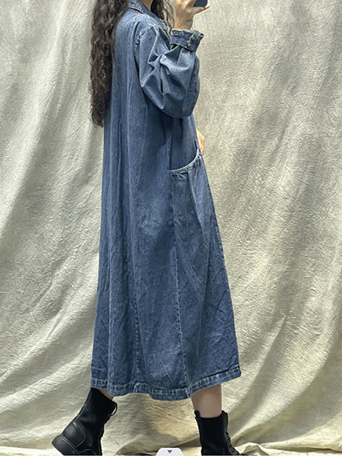 Abito in denim allentato con bottoni tascabili retrò primavera da donna taglie forti