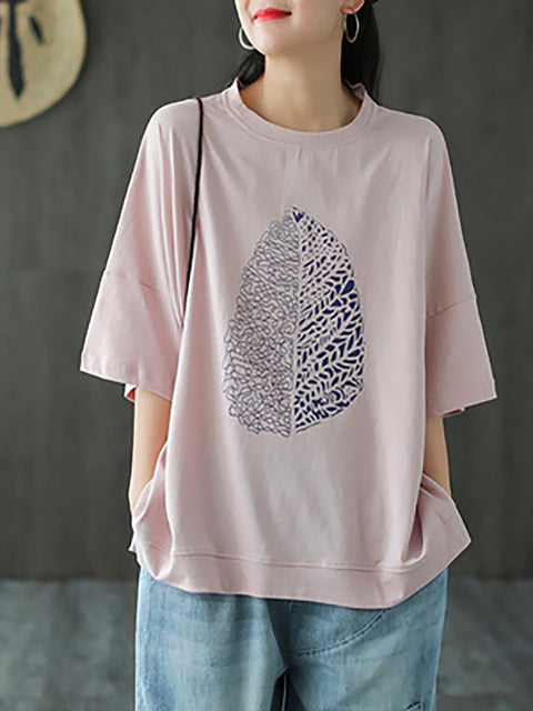 Taglie forti - T-shirt estiva in cotone a mezza manica con stampa a foglie