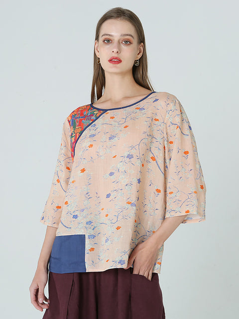 T-shirt da donna patchwork primaverile con stampe floreali taglie forti M-2XL