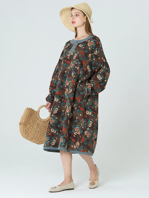 Plus Size Floral Long Sleeve Spring Autumn Loose Long Dress