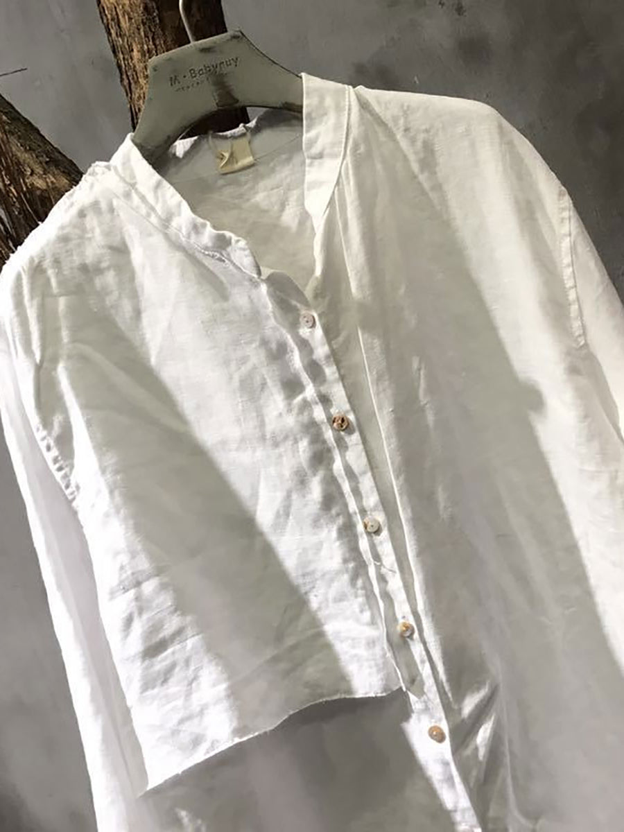 Camicia in lino con cuciture a maniche lunghe da donna taglie forti