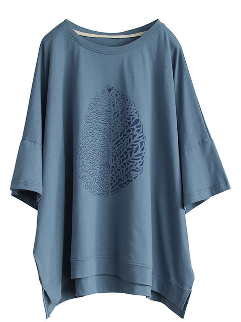 Taglie forti - T-shirt estiva in cotone a mezza manica con stampa a foglie