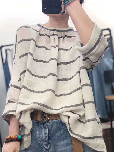 Plus Size Loose Cotton Linen Striped Long Sleeve Shirt