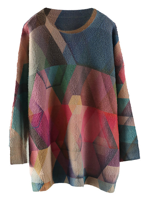 Maglione sciolto da donna vintage con geometria autunnale taglie forti