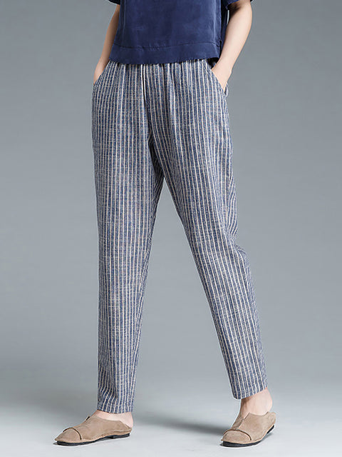 Pantaloni da donna in lino di cotone a righe Buykud taglie forti